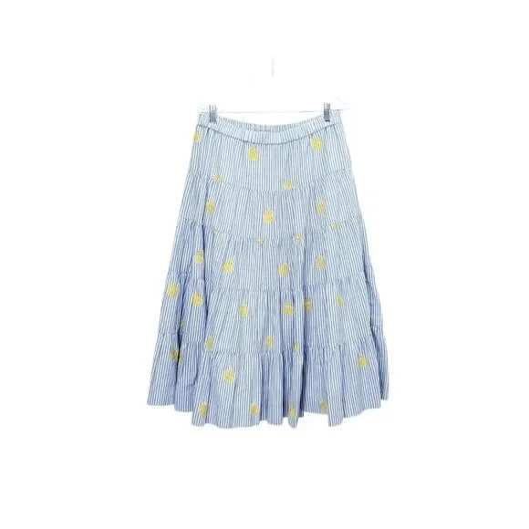 J. CREW Pinapple Embroidered Tiered Seersucker Pinstripe Lagenlook Midi Skirt - Picture 2 of 15